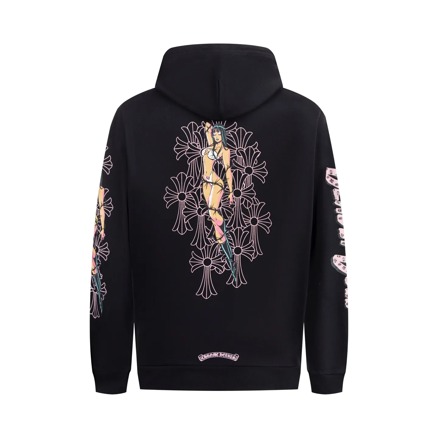🅿️520 [Exclusive supply] CH Crow Heart Deadly Doll co-branded hooded jacket. The fabric is made of 420 grams of high-quality thin velvet thick fish scale fabric, bringing a comfortable wearing experience. The fabric has been professionally brushed and washed to give the clothing a soft, skin-friendly feel. The printed pattern on the sweatshirt strictly follows the original design and uses hand-made glue printing technology to ensure that the pattern is clear and lasting. The zipper part is specially made of real antique silver and has been carefully aged. The zipper head is sprayed with silver to create a retro texture. The whole body has been shaped to keep the shape crisp. This sweatshirt strives for excellence in craftsmanship and reflects high-end quality from fabric selection to detail processing. It not only retains the street fashion sense, but also incorporates Chrome Hearts' iconic luxury elements. It is an ideal choice for fashion lovers who pursue individuality and quality. Size:S/M/L
